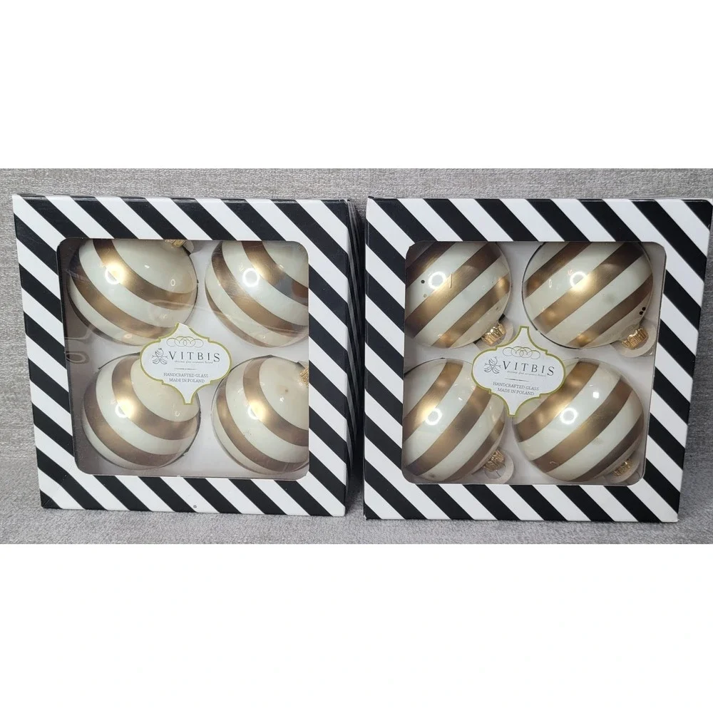 Vitbis‎ Set of 8 Christmas Ornaments White & Gold Stripes Handcrafted Poland